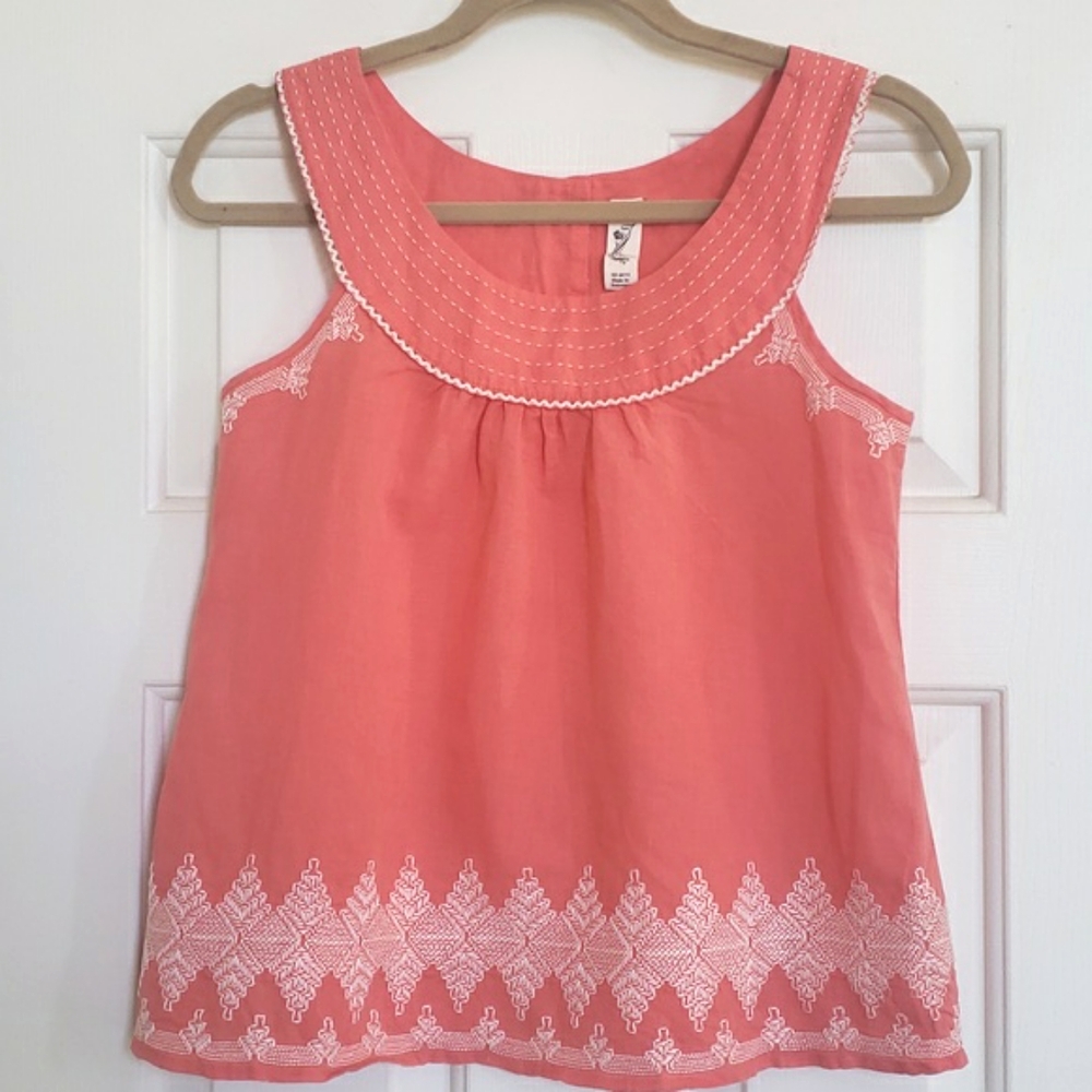 Anthropologie Floreat Embroidered Linen Blend Tank Top Coral Orange Scoop Neck S - Picture 4 of 16